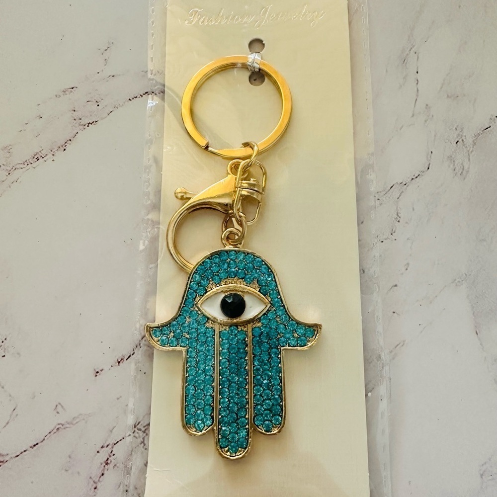 Gold And Turquoise Color Hamsa Keychain Bag Charm Accessory - Picture 2 of 3